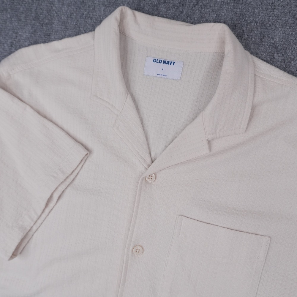 Old Navy Button Down Shirt Mens Large Beige Textured Short Sleeve Camp Collar